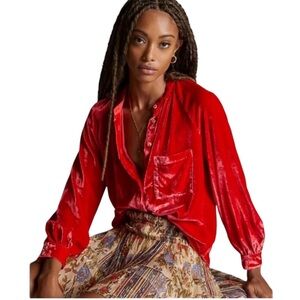 Pilcro x Anthropologie - Puffed Sleeve Crushed Red Velvet Button Down Sz XXS